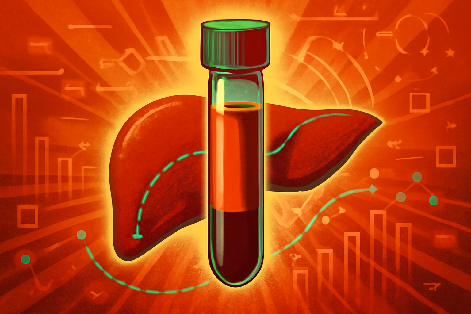 A medical vial of blood on a laboratory desk with a computer screen in the background showing DNA data analysis and a world map.