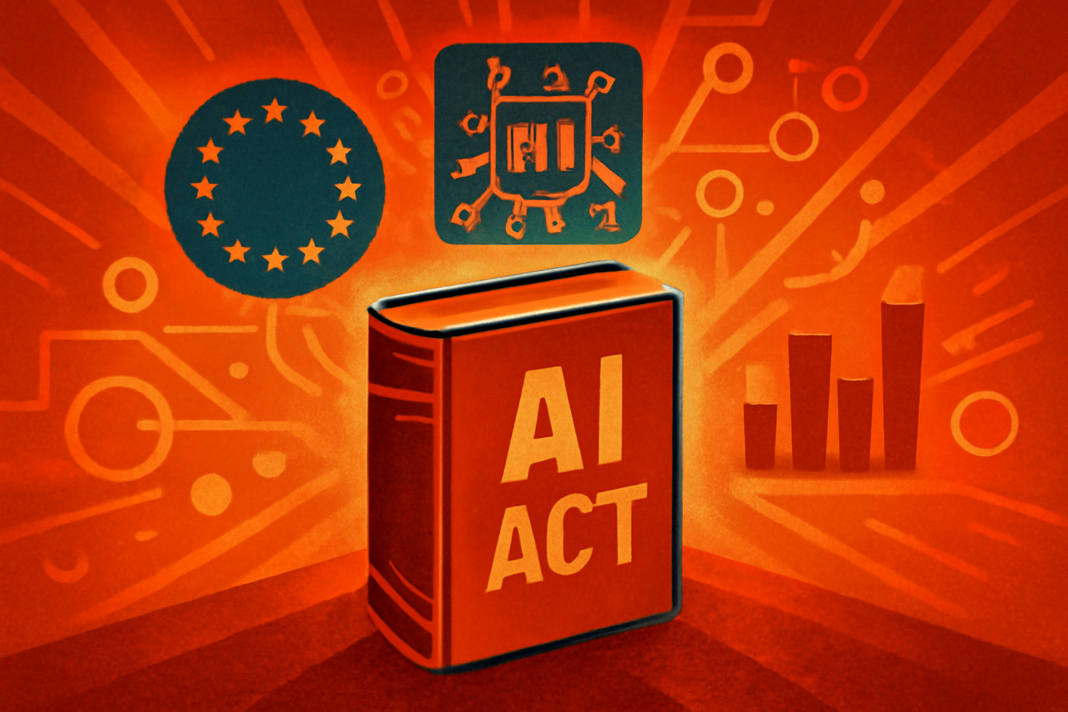 An editorial view of the European Commission building in Brussels with subtle digital data graphics overlaying the facade, symbolizing the regulation of artificial intelligence.