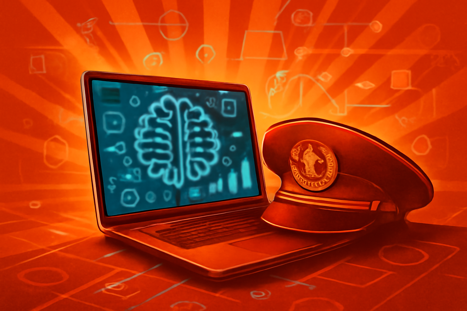 A digital illustration representing the intersection of U.S. AI technology and Chinese military research, showing interconnected data nodes.