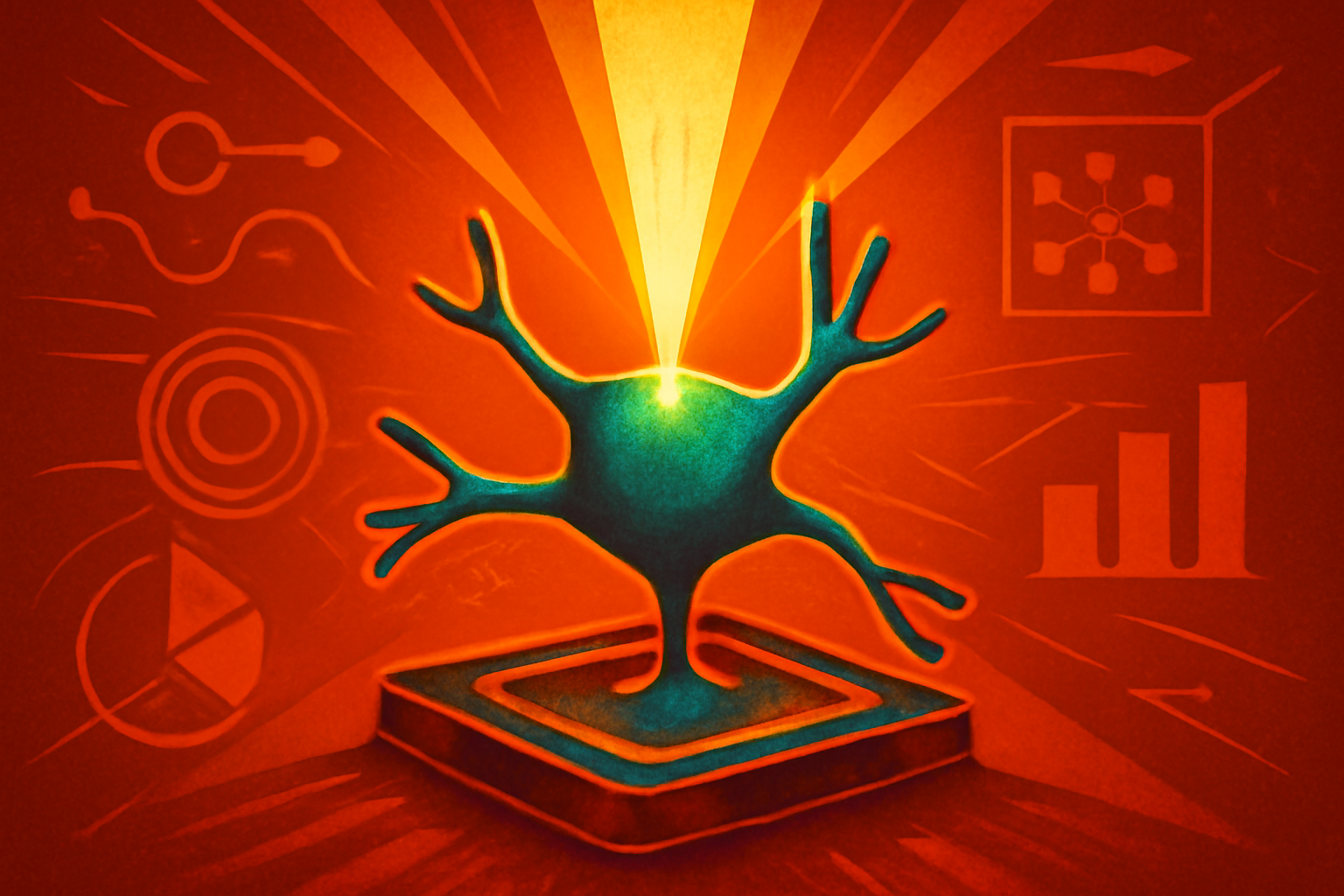 A conceptual digital illustration of a light-powered artificial neuron with glowing fiber optic paths mimicking the structure of a biological brain synapse.