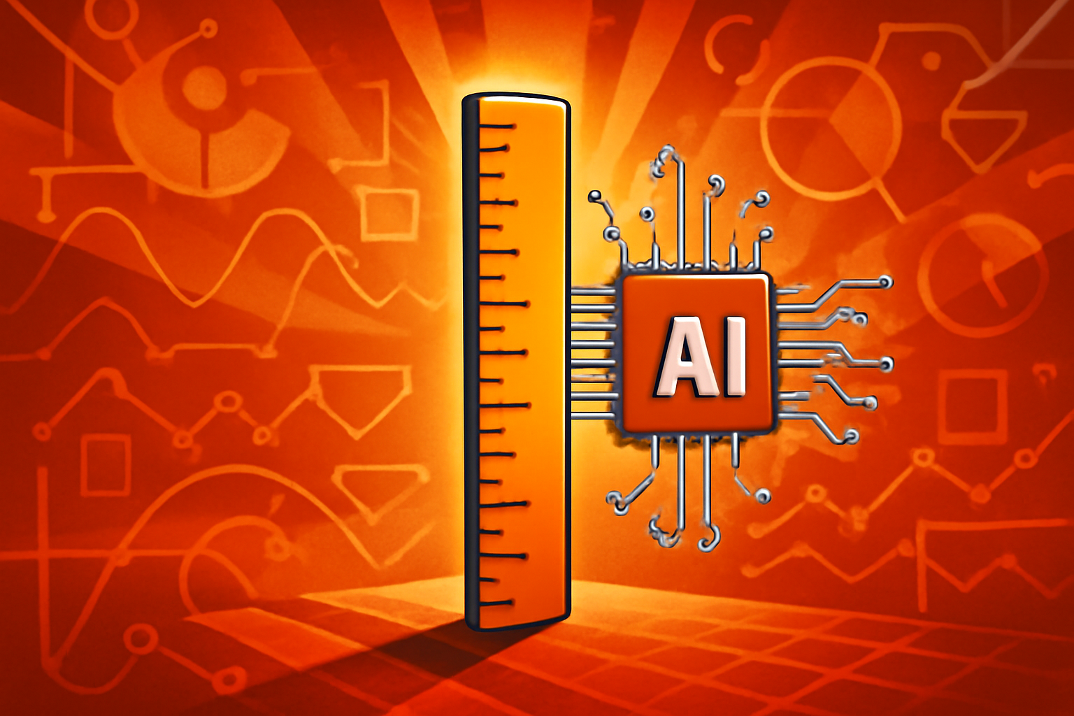 A conceptual image showing a transparent ruler measuring a glowing digital brain and neural network, representing the need for standardized AI metrics.