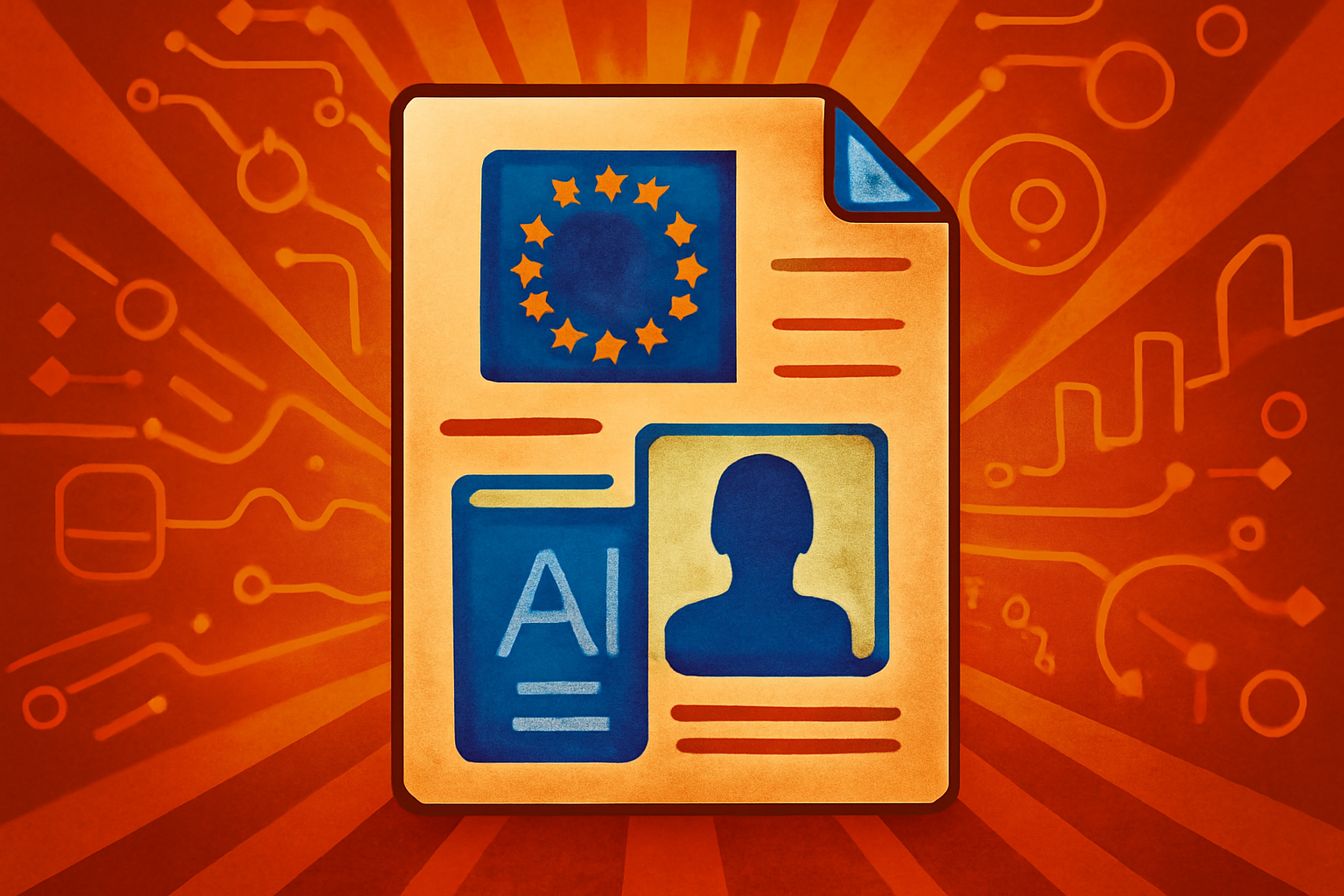A digital tablet displaying a news feed with a holographic label reading 'Made by AI' against a background featuring the European Union flag.