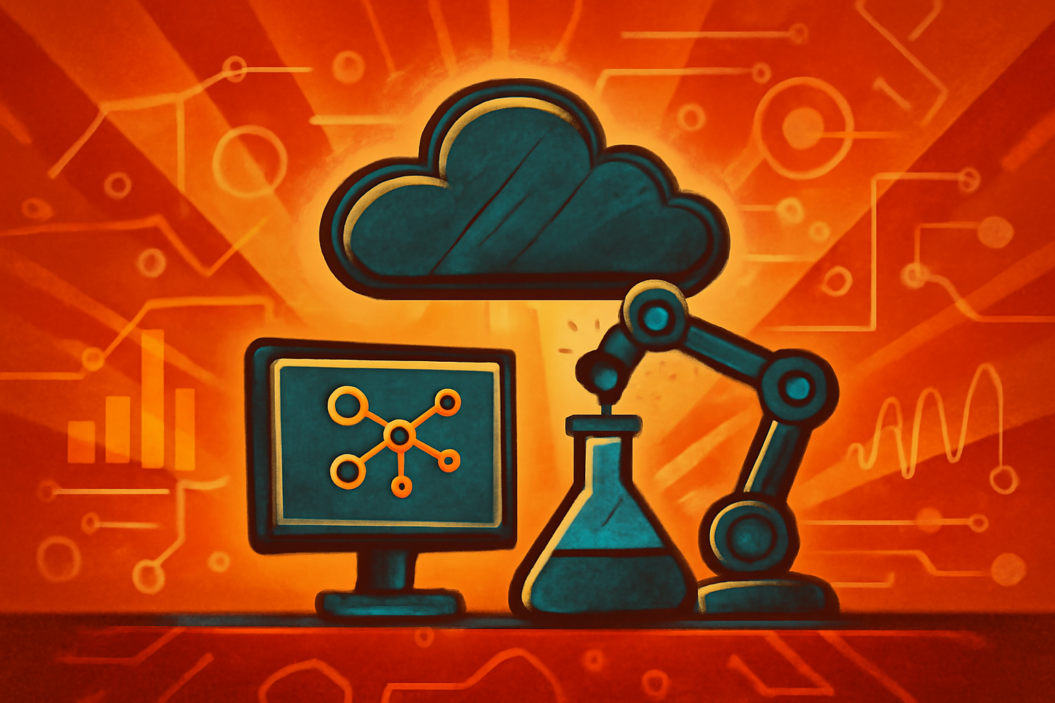 A high-tech laboratory with robotic arms and material samples, shown alongside a digital cloud-based control interface.