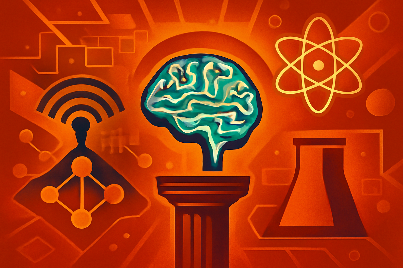 A high-tech laboratory environment showing digital neural network maps and a modern microprocessor, representing AI-driven science and 6G research.
