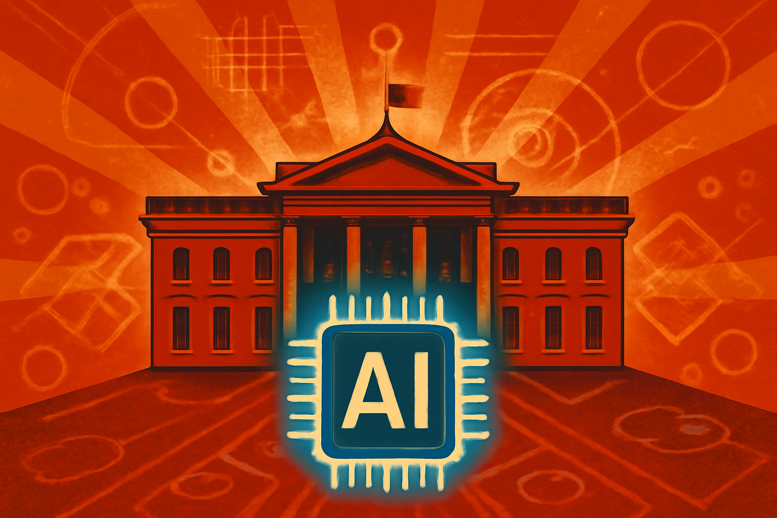 The exterior of the White House in Washington D.C. with a subtle digital circuit board pattern superimposed over the image to represent technology policy.