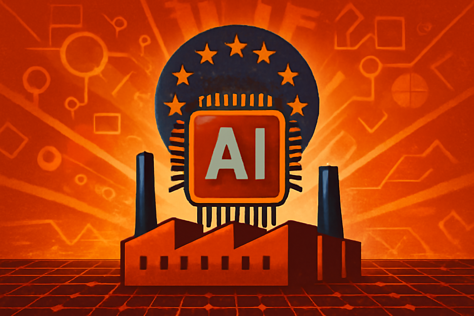 A futuristic depiction of a large-scale data center representing an AI gigafactory with glowing server rows and digital motifs.