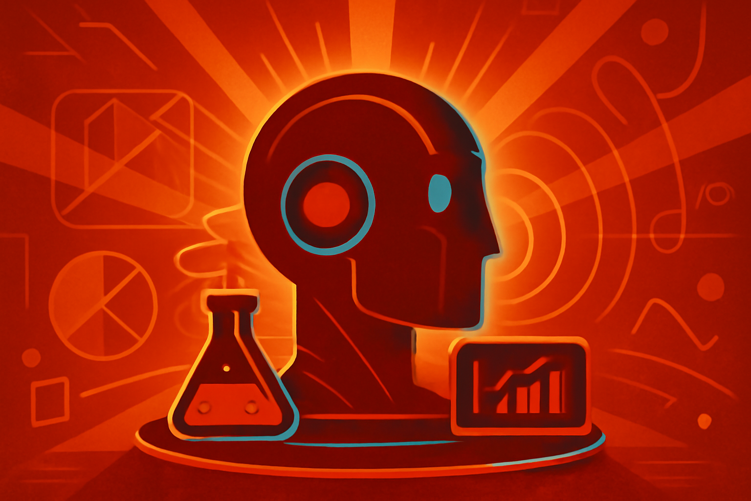 A futuristic laboratory featuring digital neural network overlays and robotic research equipment, representing the automation of the scientific method via artificial intelligence.