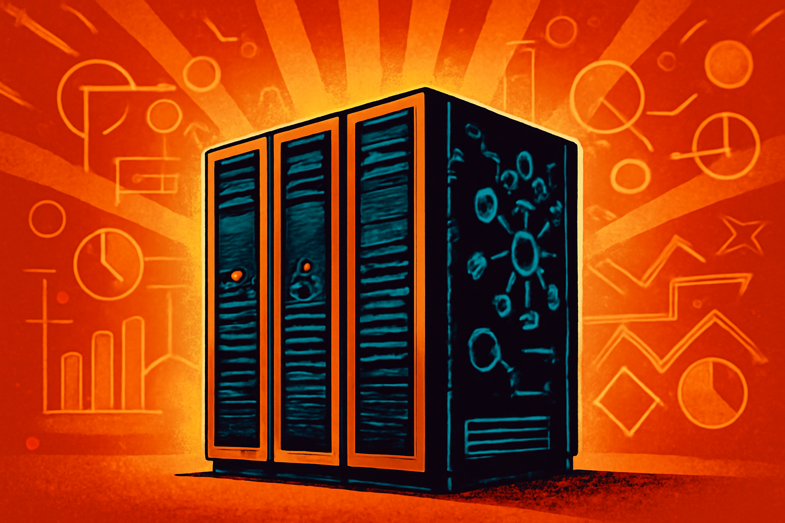 A professional wide shot of a modern data center featuring rows of sophisticated supercomputer cabinets with glowing blue indicator lights.