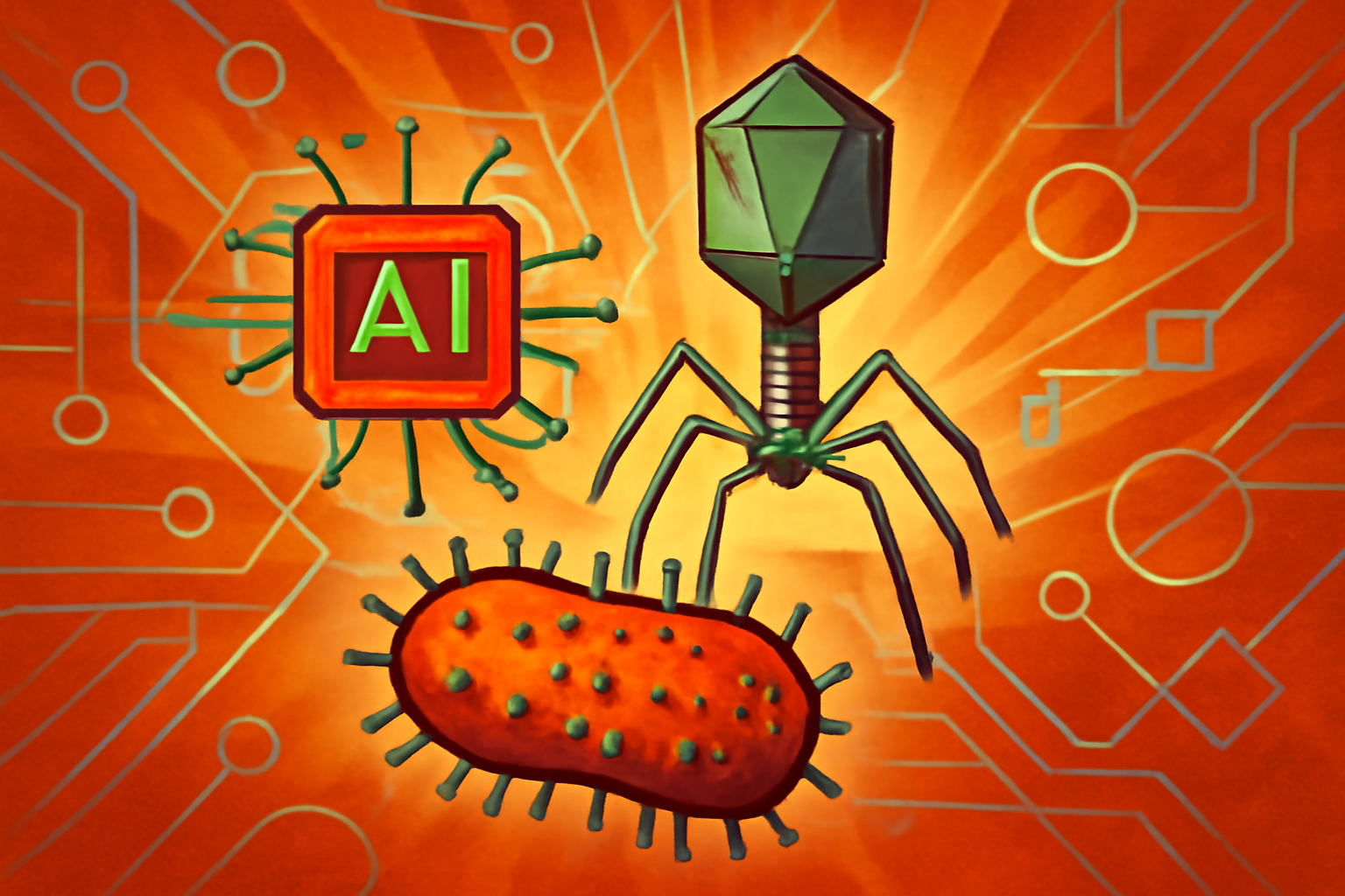 A digital 3D model of a bacteriophage virus shown on a lab monitor, representing AI-designed biotechnology to fight bacteria.
