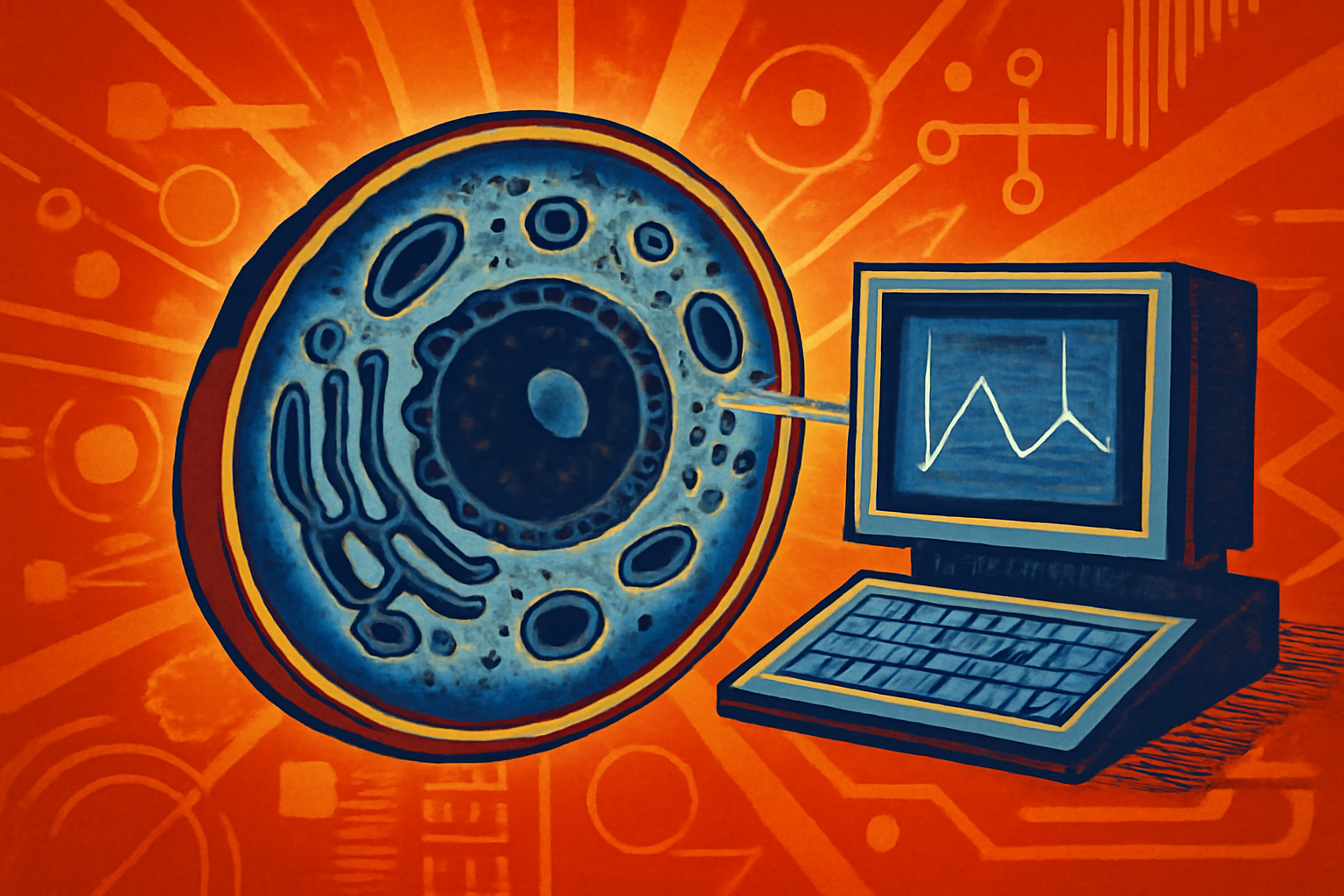 A digital rendering of a living cell with distinct organelles highlighted by light patterns, representing AI-driven Ramanomics imaging in a laboratory context.