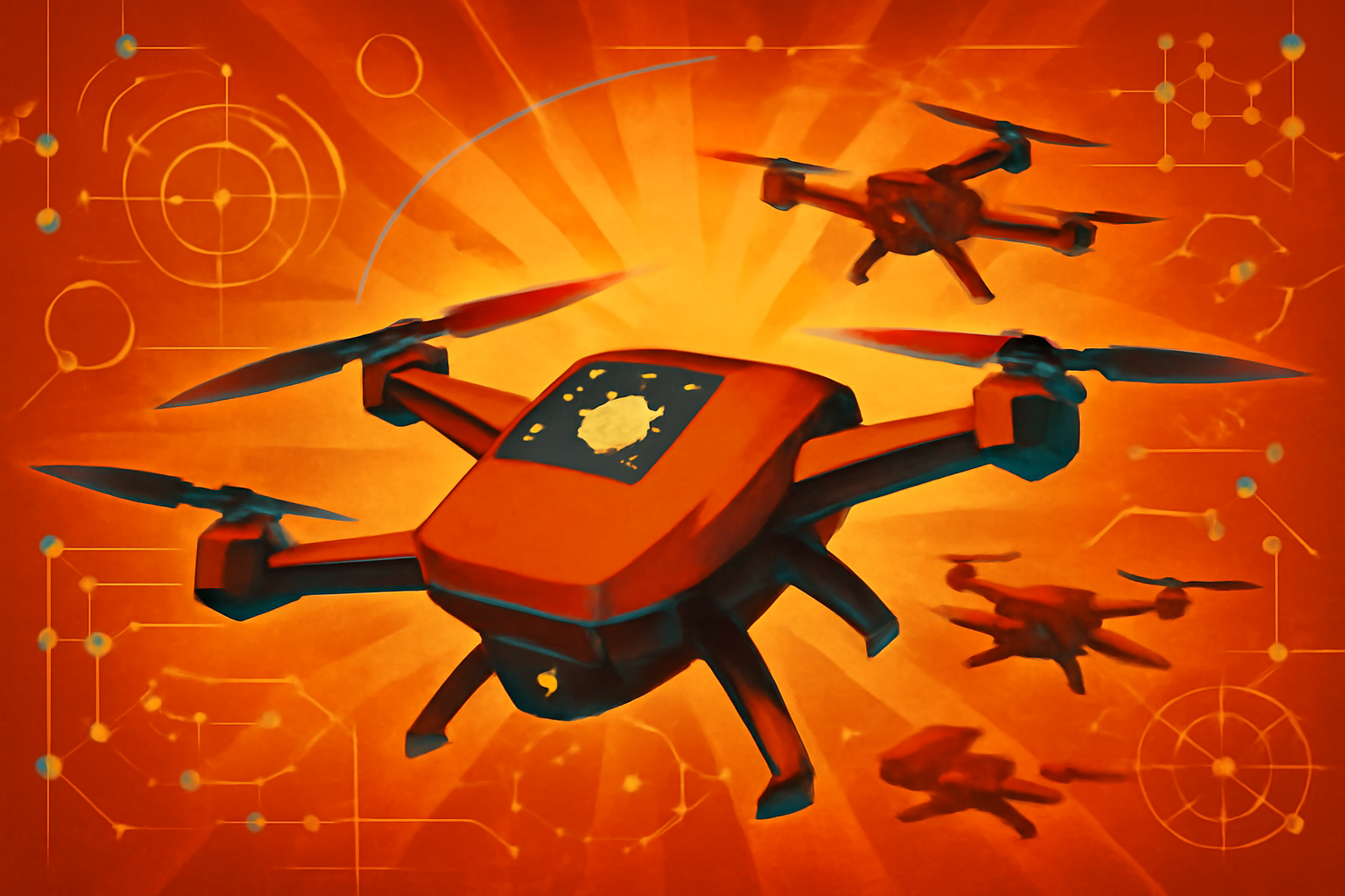 A fleet of coordinated drones flying in formation over a coastline, representing AI-piloted swarm technology.