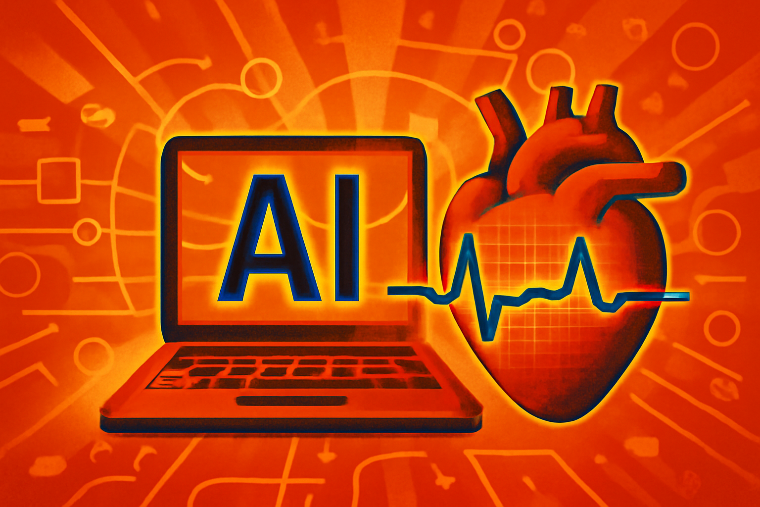A digital electrocardiogram display showing a heart rhythm with light geometric overlays symbolizing artificial intelligence processing.