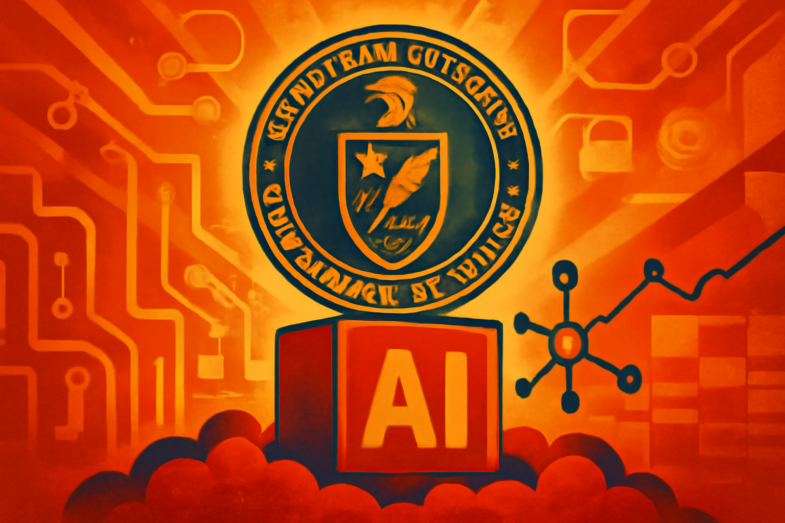 A conceptual digital graphic representing artificial intelligence in science, featuring abstract icons of fusion energy, molecular bonds, and climate patterns on a sleek laboratory interface.