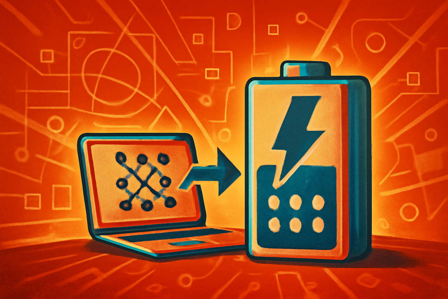 A digital interface displaying chemical formulas and data visualizations overlaid on a laboratory battery prototype.