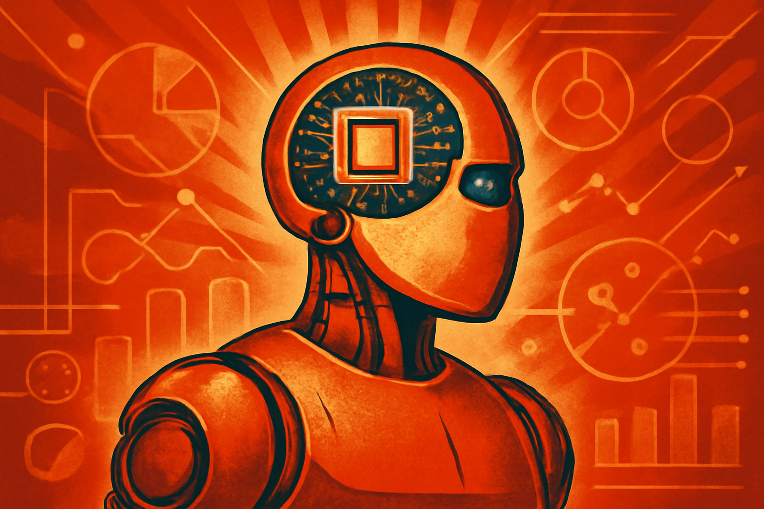 A humanoid robot in a modern lab examining a digital 3D map created by its advanced generative AI vision system.