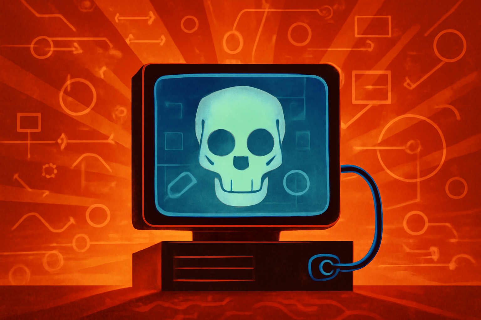 A digital visualization of a server room with glowing blue network connections representing cybersecurity research and AI analysis.