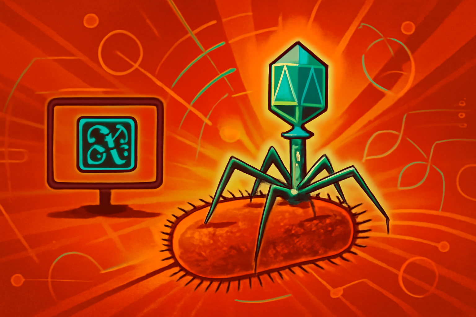 A computer screen in a scientific laboratory displays a 3D model of an AI-generated bacteriophage virus structure.