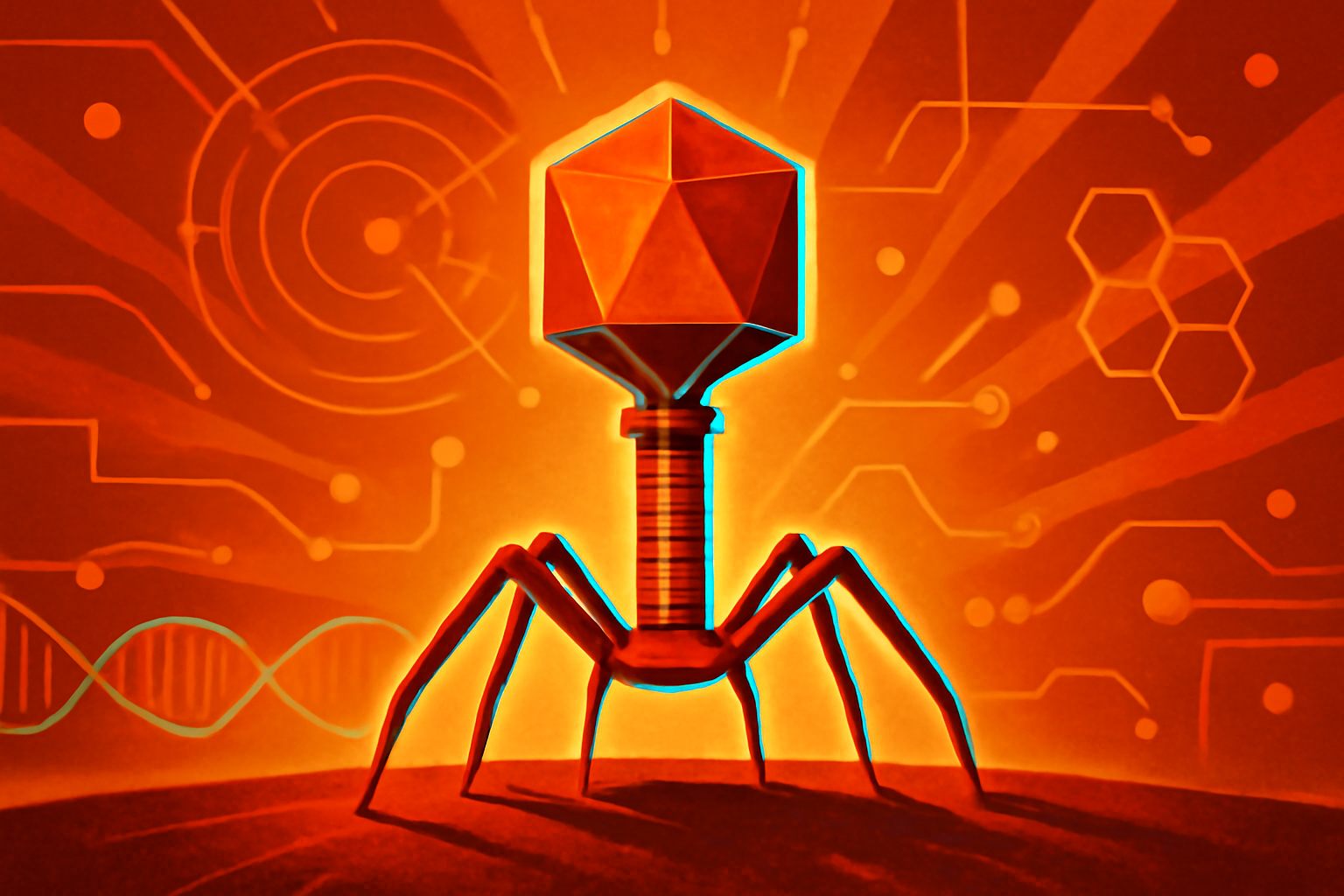 A digital visualization of a DNA strand and a geometric bacteriophage virus on a computer monitor in a scientific laboratory.