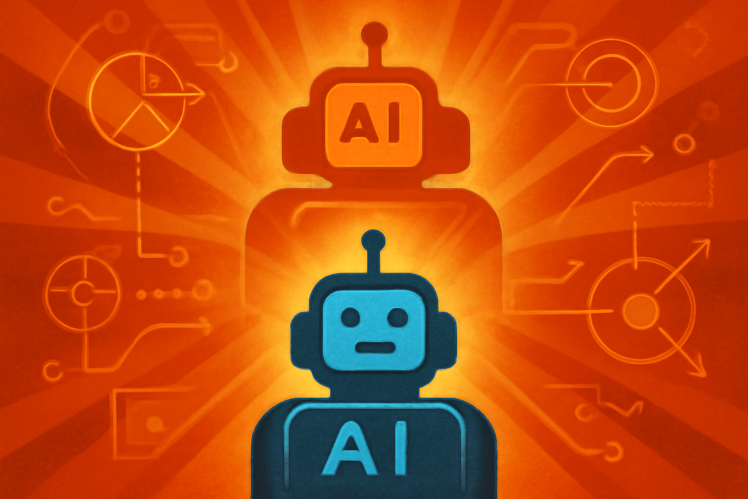 Digital humanoid figures arranged in a hierarchy, with the top figure glowing brighter than the subordinates below.