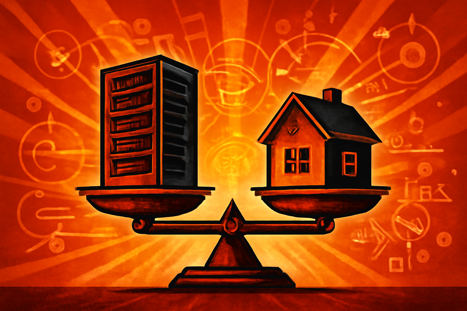 A large grey industrial data center stands directly next to a row of traditional two-story brick houses in an English neighborhood, showing the proximity of tech infrastructure to homes.