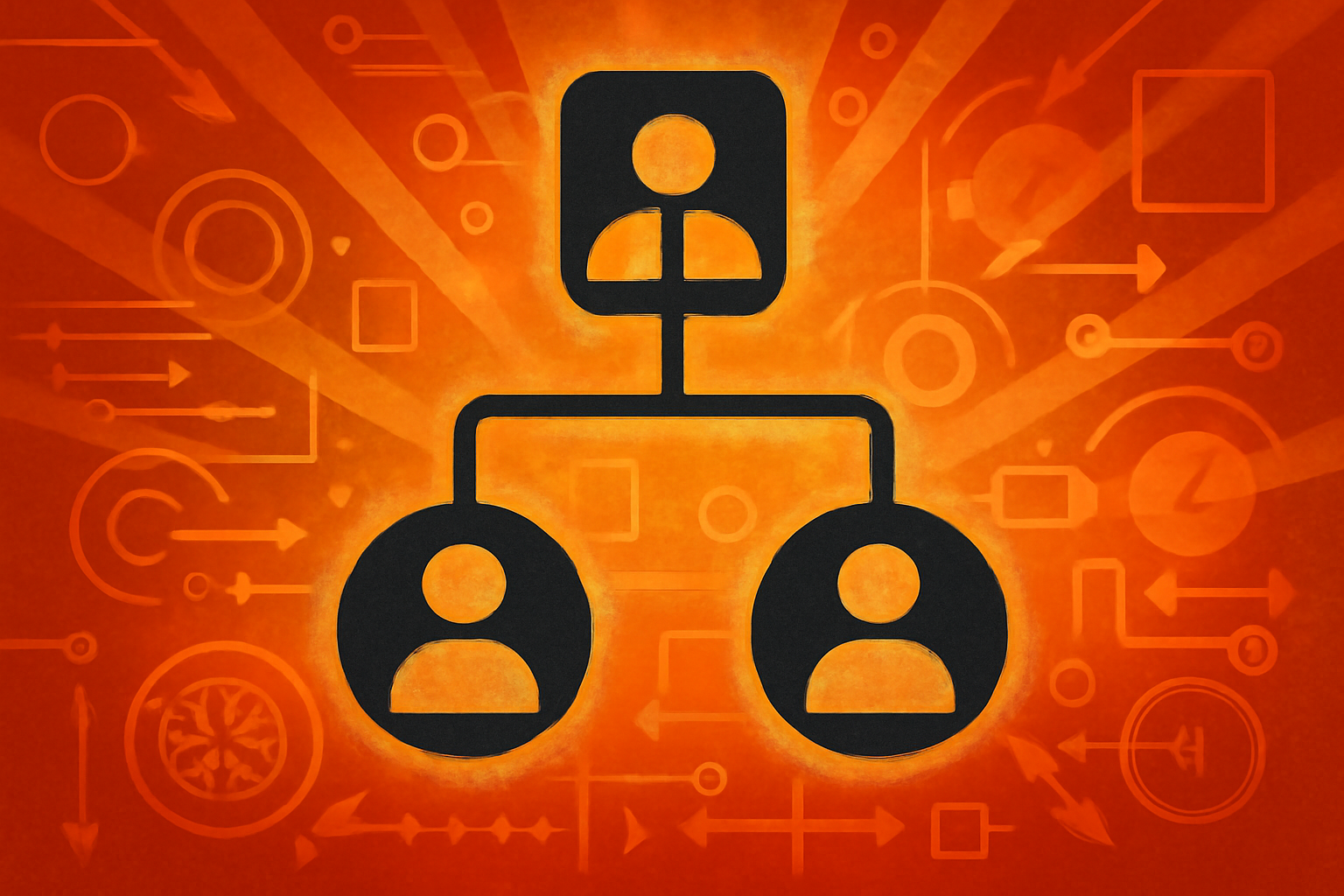 An editorial illustration of two digital avatars on tiered platforms representing a hierarchical corporate structure between artificial intelligence agents.