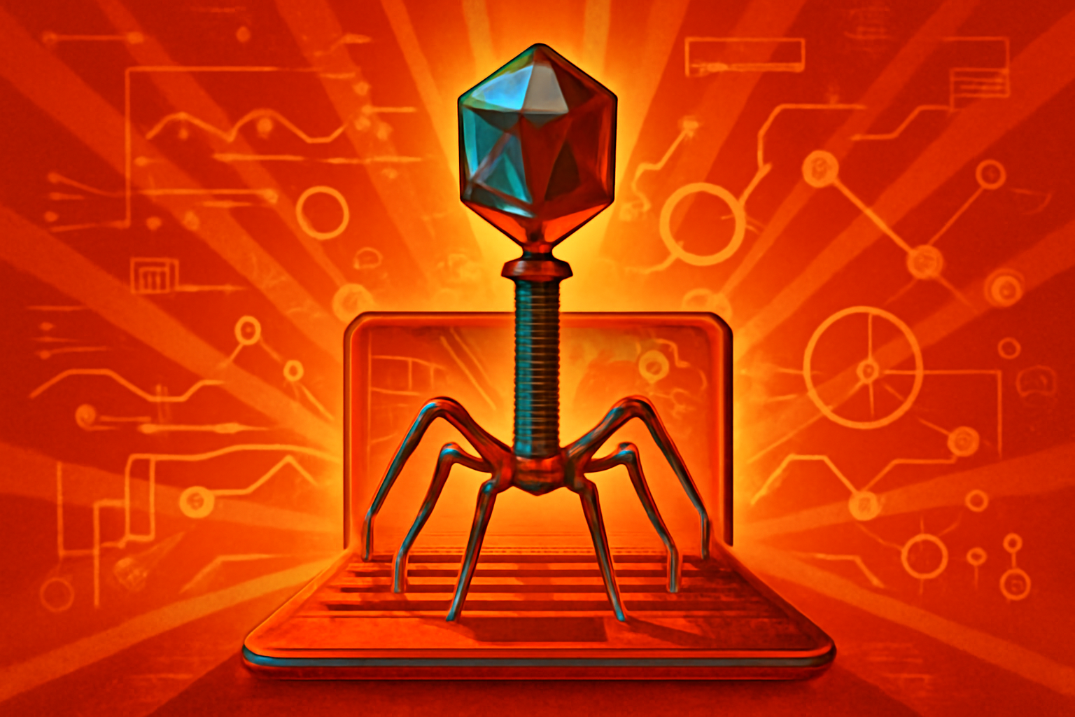 A stylized graphic showing a digital representation of a bacteriophage virus with a glowing DNA-like structure, symbolizing AI-generated biology.