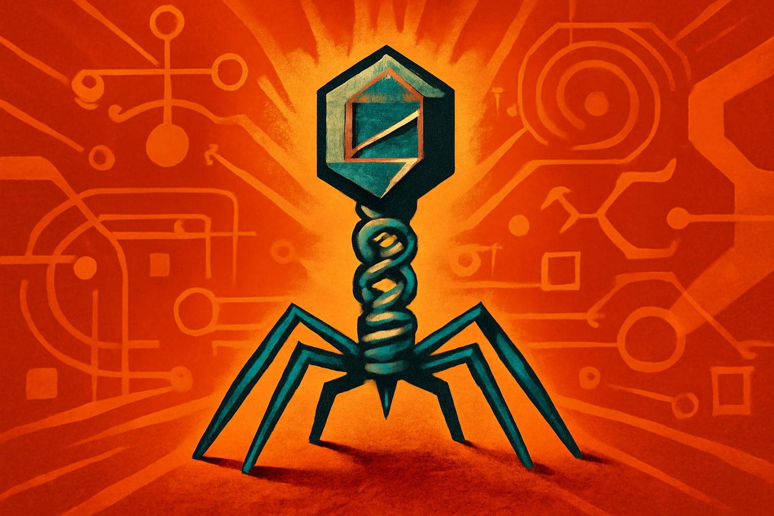 A 3D scientific rendering of an AI-designed bacteriophage virus interacting with a bacterium, featuring glowing digital DNA sequences and a futuristic laboratory aesthetic.