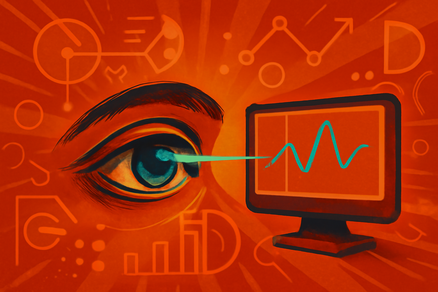 An illustration comparing a human eye with a digital interface to represent language processing research.