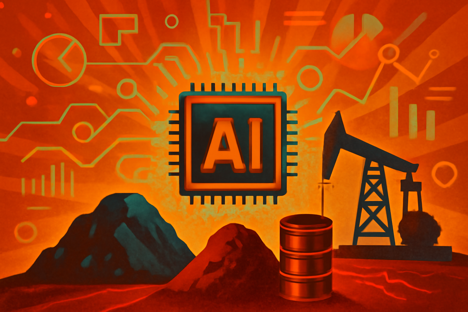 A conceptual image showing the intersection of digital technology and industrial energy production, representing the impact of AI on fossil fuel sectors.