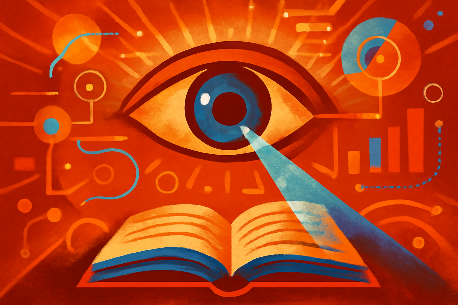 A split visualization comparing non-linear human eye-tracking patterns with linear AI text processing as observed in a cognitive science study.