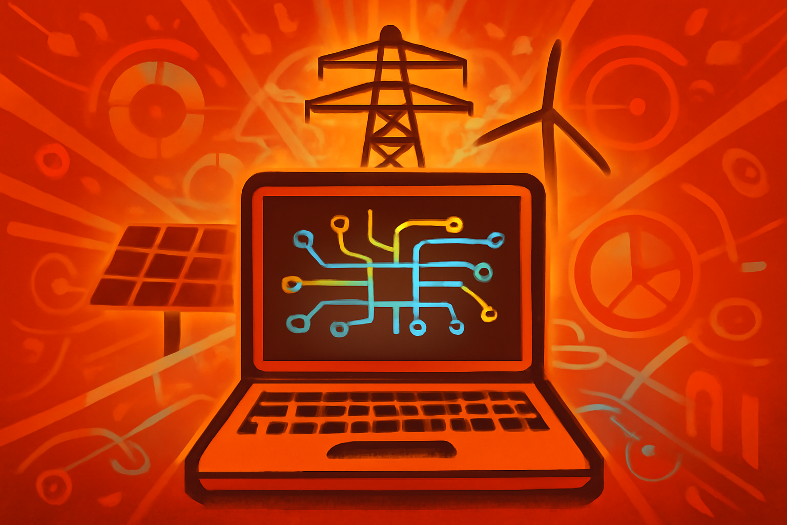 A digital rendering of a power grid network showing glowing lines connecting green energy sources and urban infrastructure.