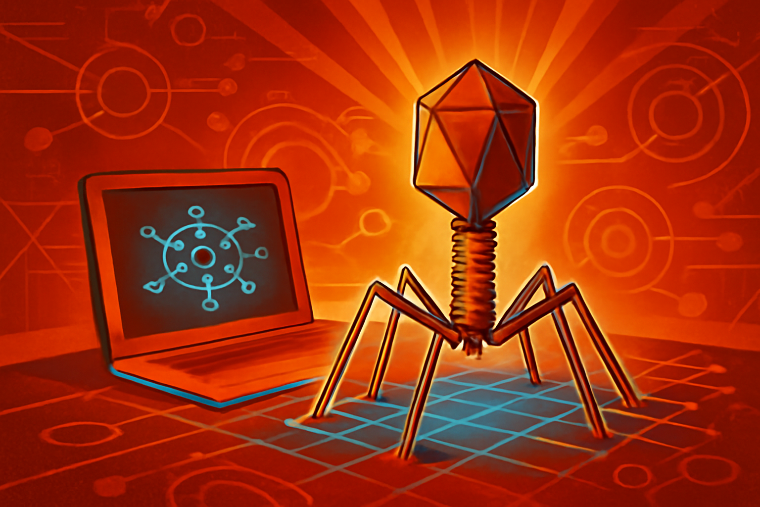 A digital representation of a bacteriophage virus structure next to a DNA sequence on a laboratory monitor.