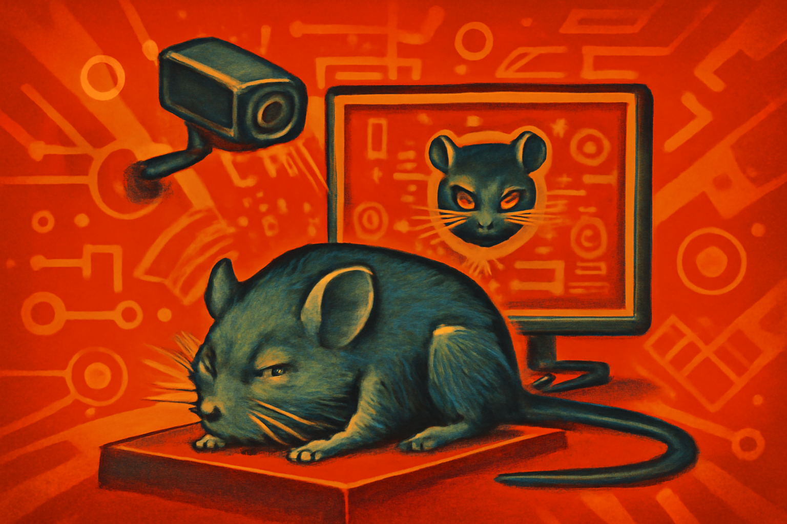 A close-up of a laboratory mouse with digital markers highlighting its eyes and whiskers, indicating AI facial analysis for pain detection.