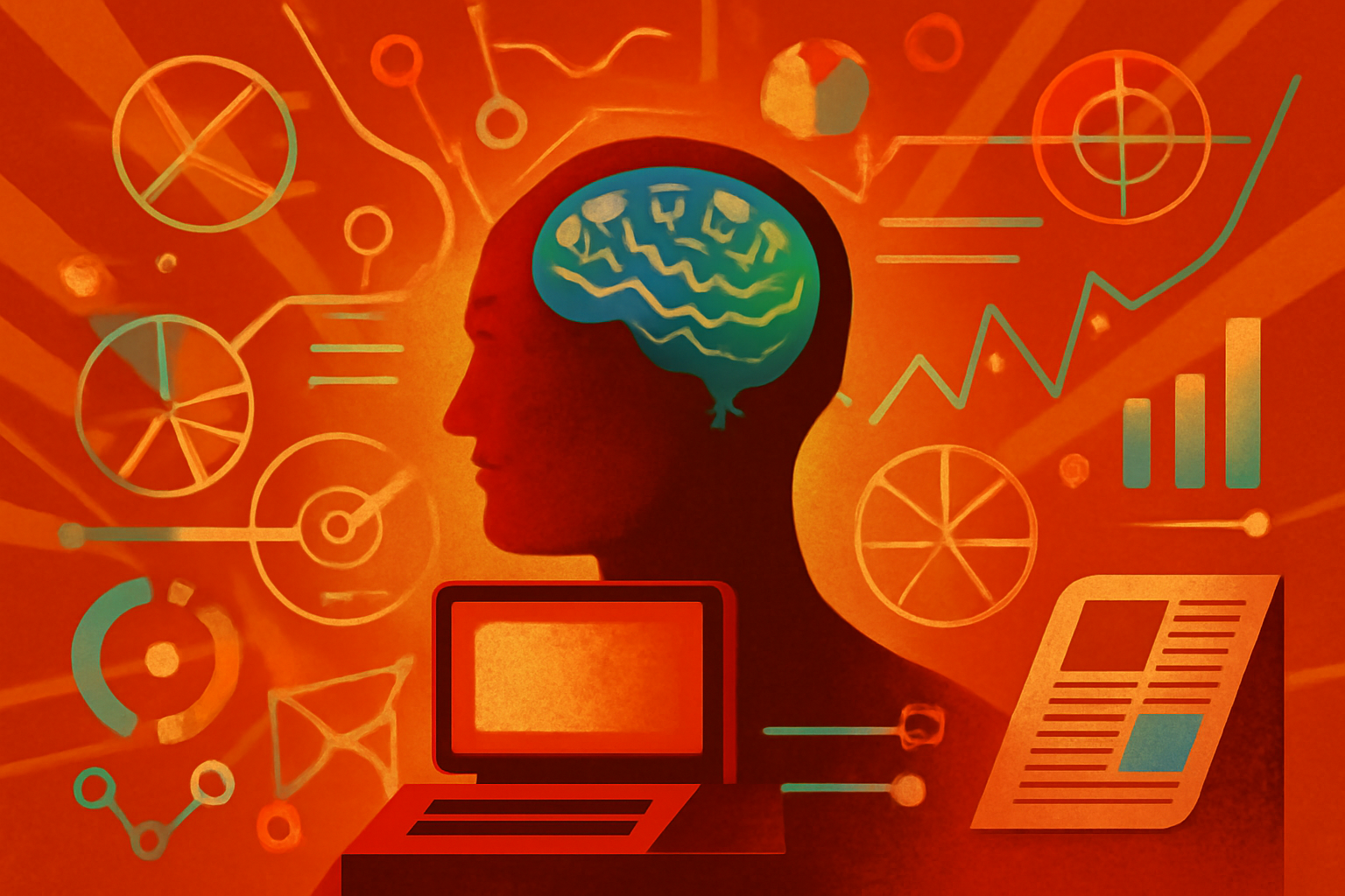 A newsroom setting featuring a large screen with digital AI visualizations and scientific data, representing the New York Times' new AI science beat.