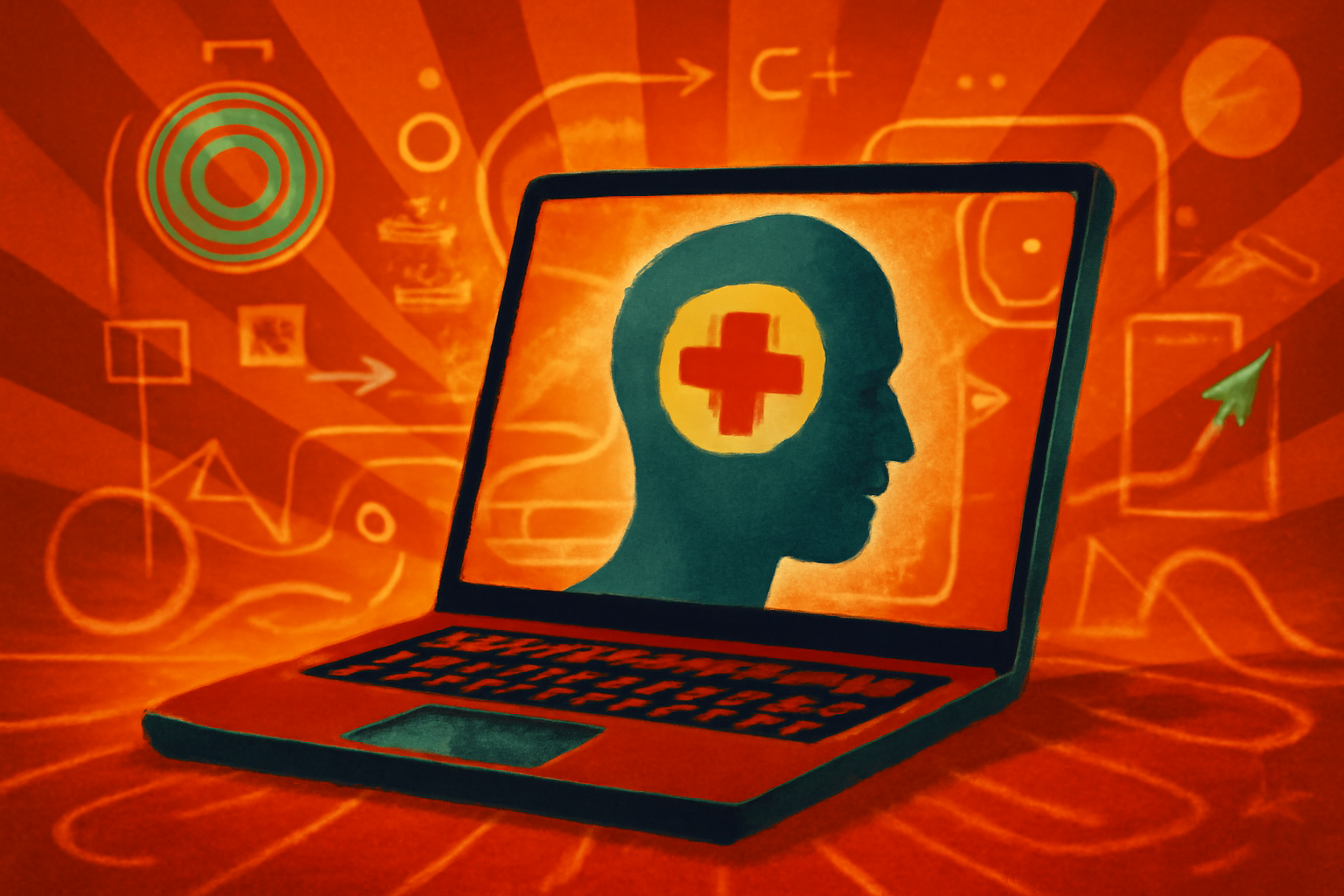 A laptop in a clean medical office displays a sophisticated AI interface for clinical consultations.