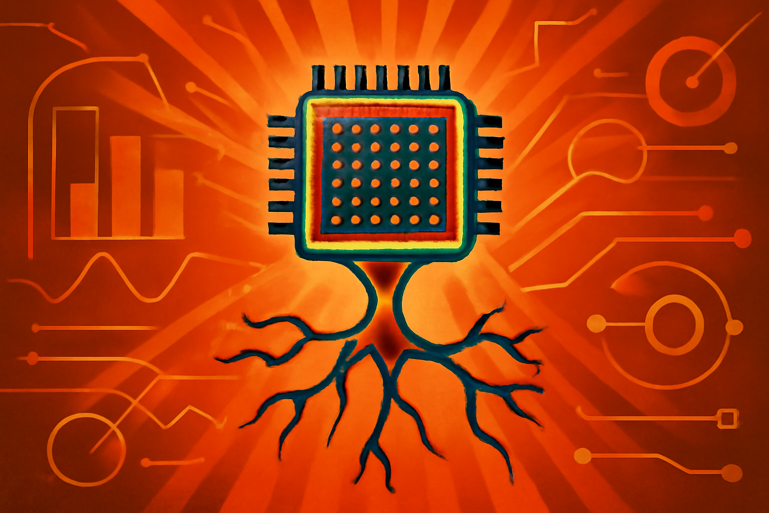 A digital illustration depicting a human brain cell illuminated with golden light, integrated with glowing microchip circuits to represent biological computation.