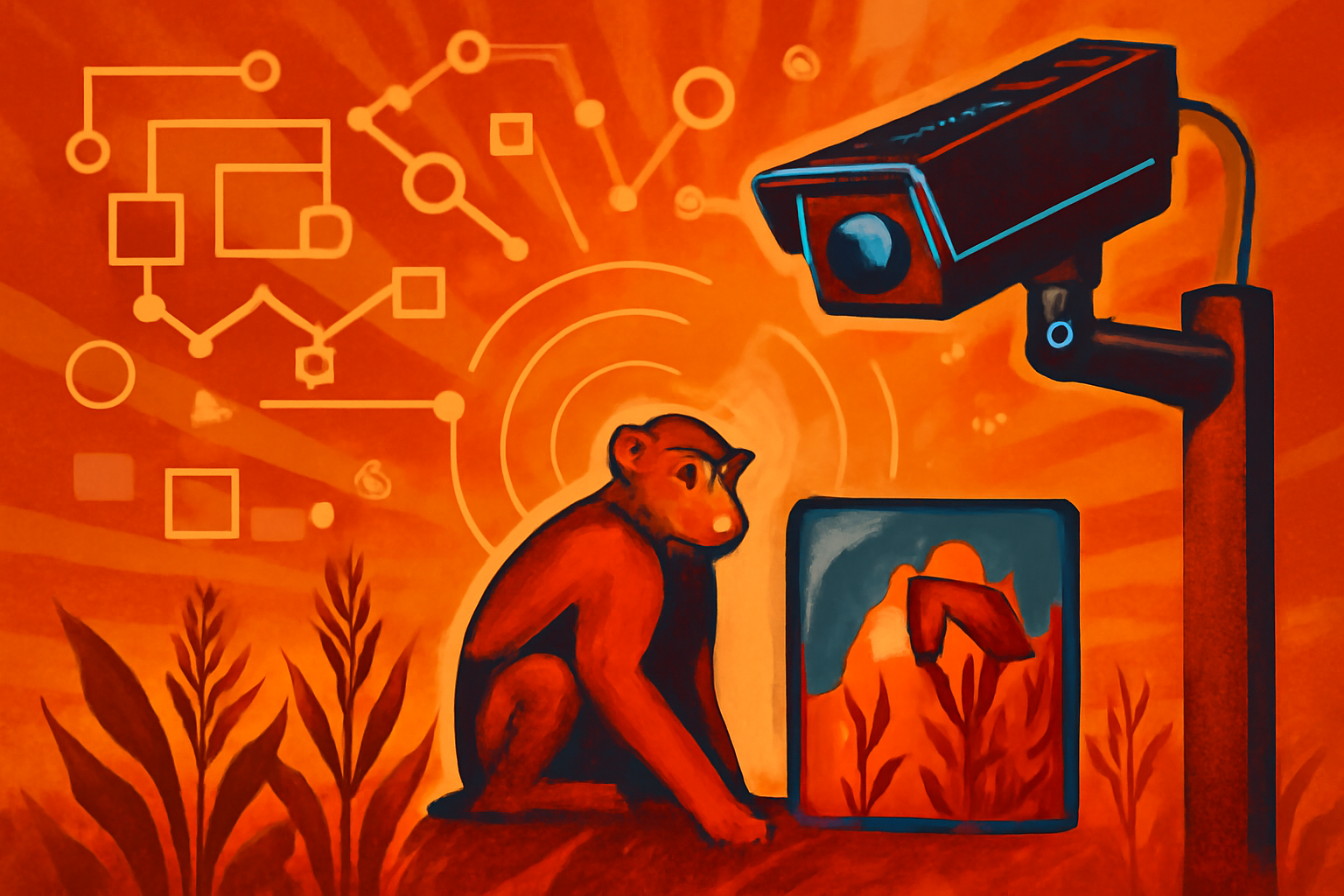 An AI-enabled camera system mounted on a wooden post overlooking a cultivated field in Nepal, designed to detect and monitor rhesus macaques.