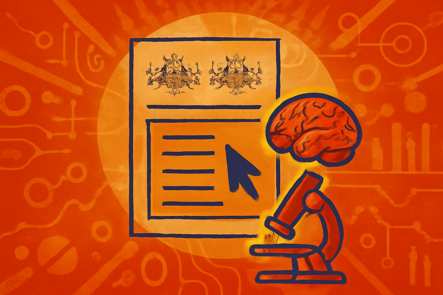 A computer screen showing a scientific grant application with a subtle digital AI overlay, representing new Australian research policies.
