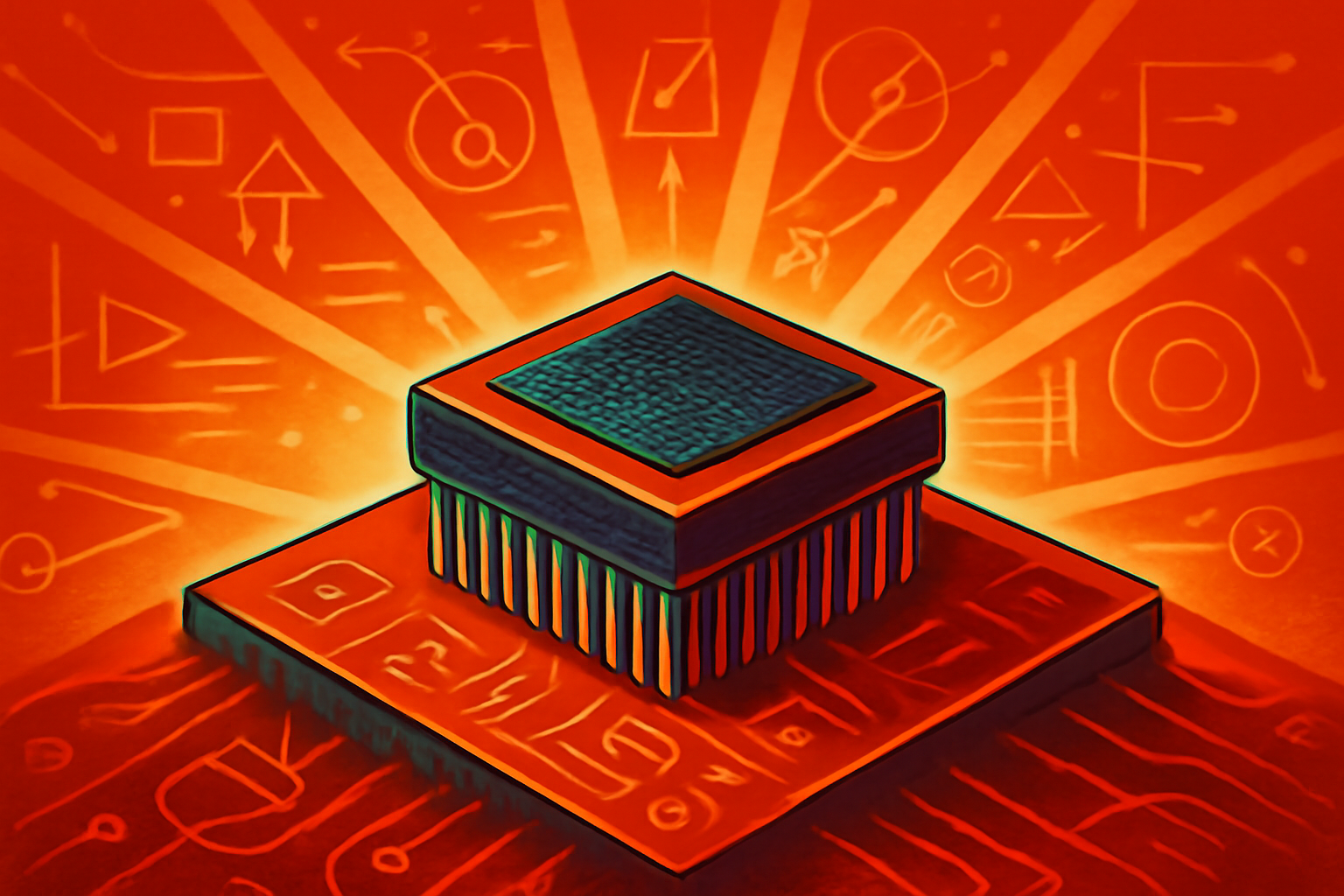 Macro view of a complex semiconductor wafer with dense metallic interconnects and circuit patterns, glowing under soft laboratory lights.