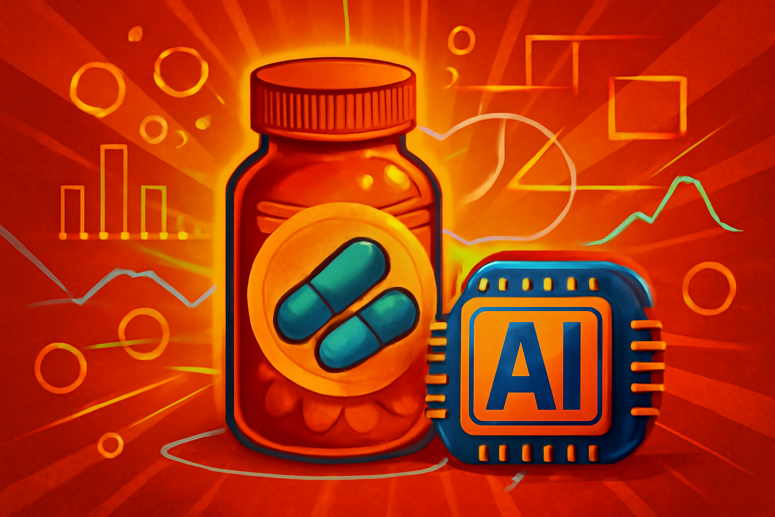 A scientist in a modern lab examines a digital screen showing 3D molecular models and data charts, illustrating AI-driven drug discovery.