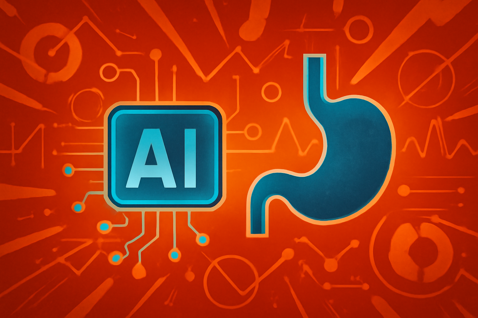 A digital illustration showing a DNA strand and microscopic gut bacteria transitioning into data points, representing AI-driven genetic research into Crohn's disease.