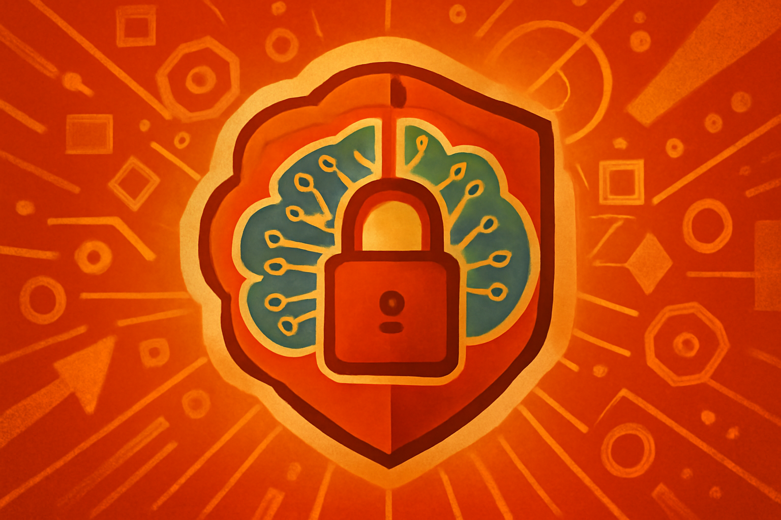 A digital visualization of an AI interface fixing a glowing padlock representing software security, while law enforcement figures stand in the background.