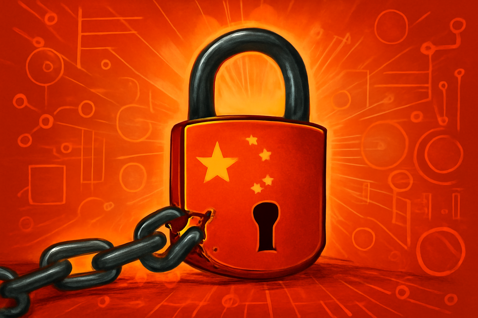 A digital illustration representing the blocked acquisition of Manus by Meta, featuring corporate logos and a red cancellation notice against a backdrop of Chinese regulatory symbolism.