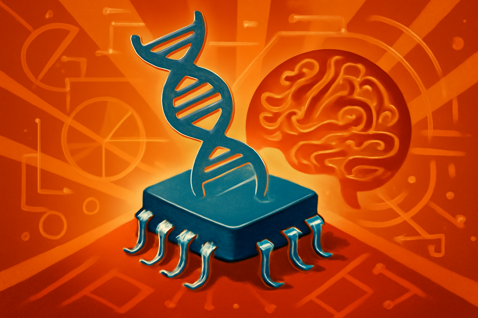 A macro view of a bio-hybrid memristor chip showing synthetic DNA strands integrated with a perovskite semiconductor material.