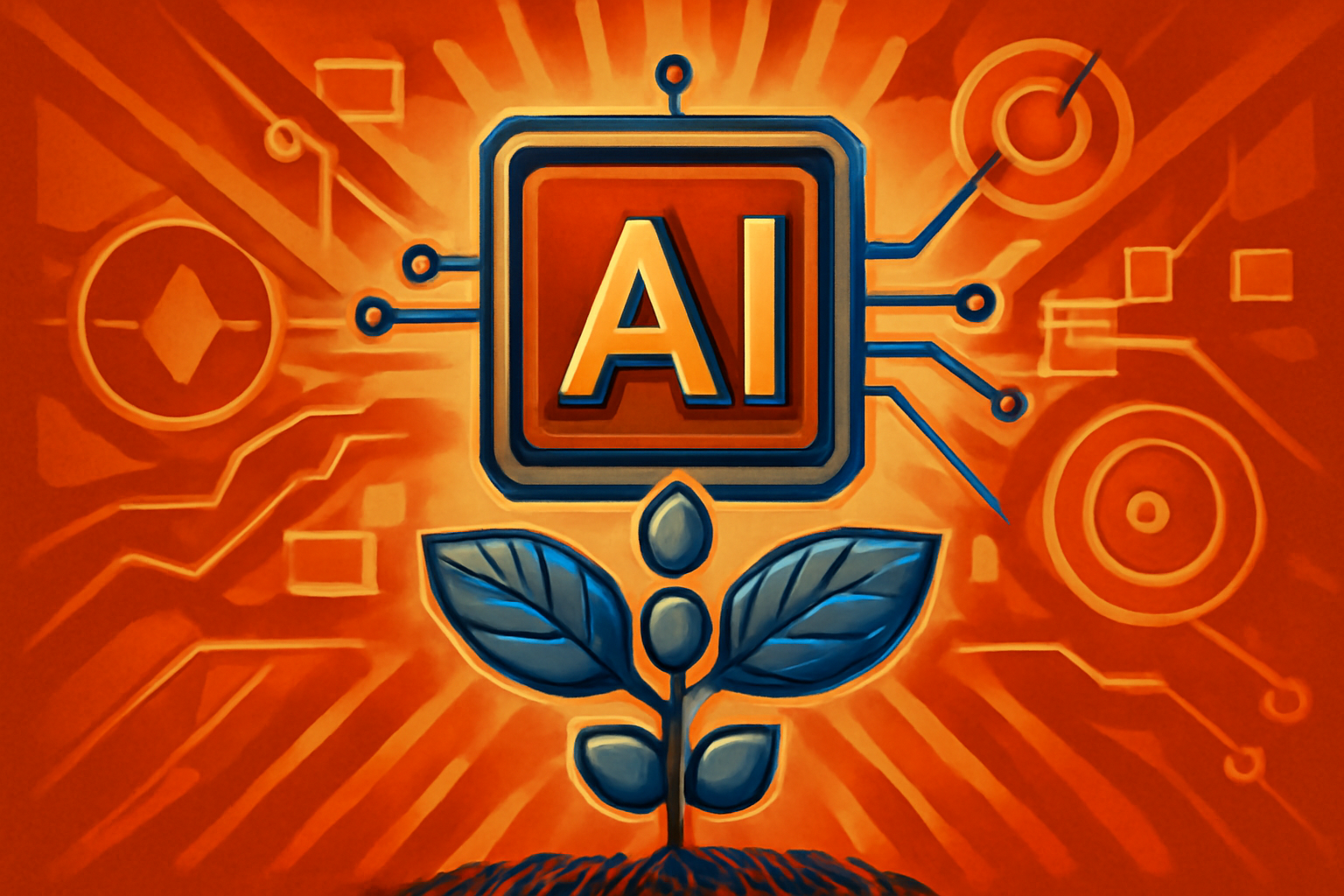 A digital visualization of a soybean field with agricultural data overlays and plant diagnostic graphics representing AI-assisted breeding.