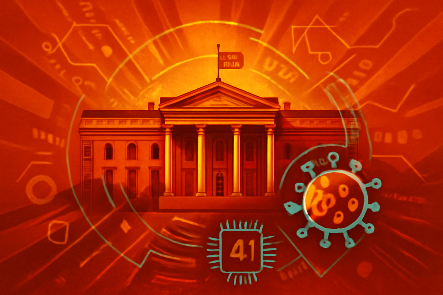 The White House at dusk with a digital overlay of DNA structures and neural networks, symbolizing the intersection of government policy and AI biosecurity.