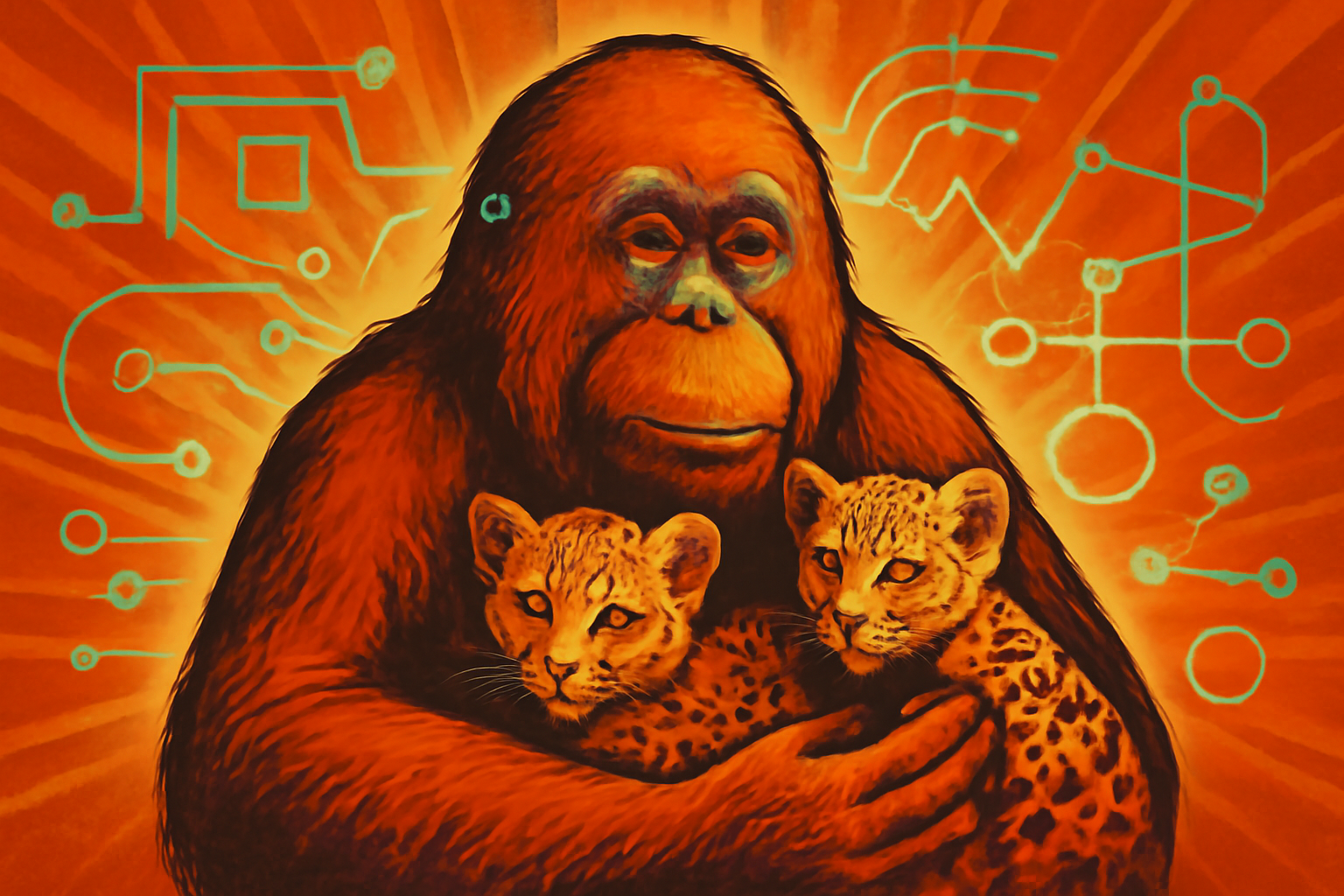 A close-up of a hand holding a smartphone in a forest. The screen shows a fake AI-generated image of a wild animal, representing the spread of digital misinformation in nature.