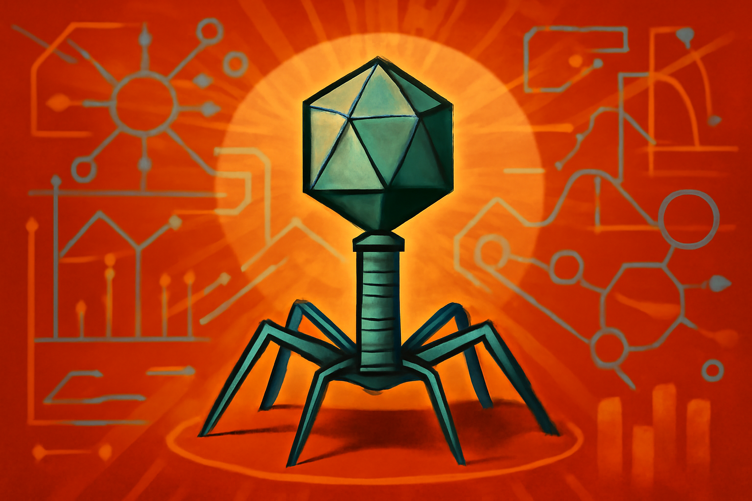 A 3D scientific visualization of a bacteriophage with a geometric head and spindly legs, shown with glowing digital sequences representing AI-designed DNA.