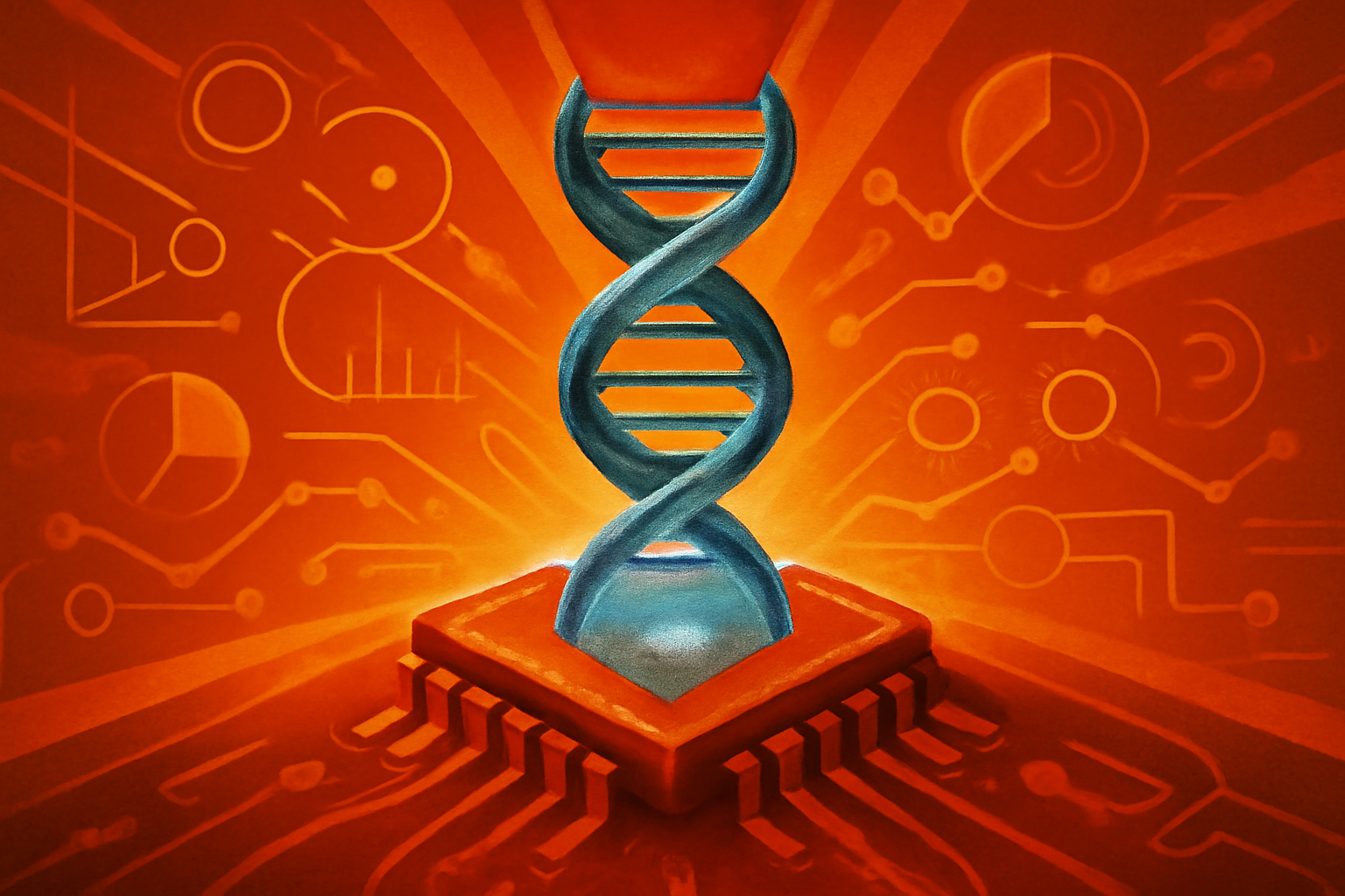 A conceptual macro image of a computer chip integrated with glowing DNA strands, representing bio-hybrid memory technology.