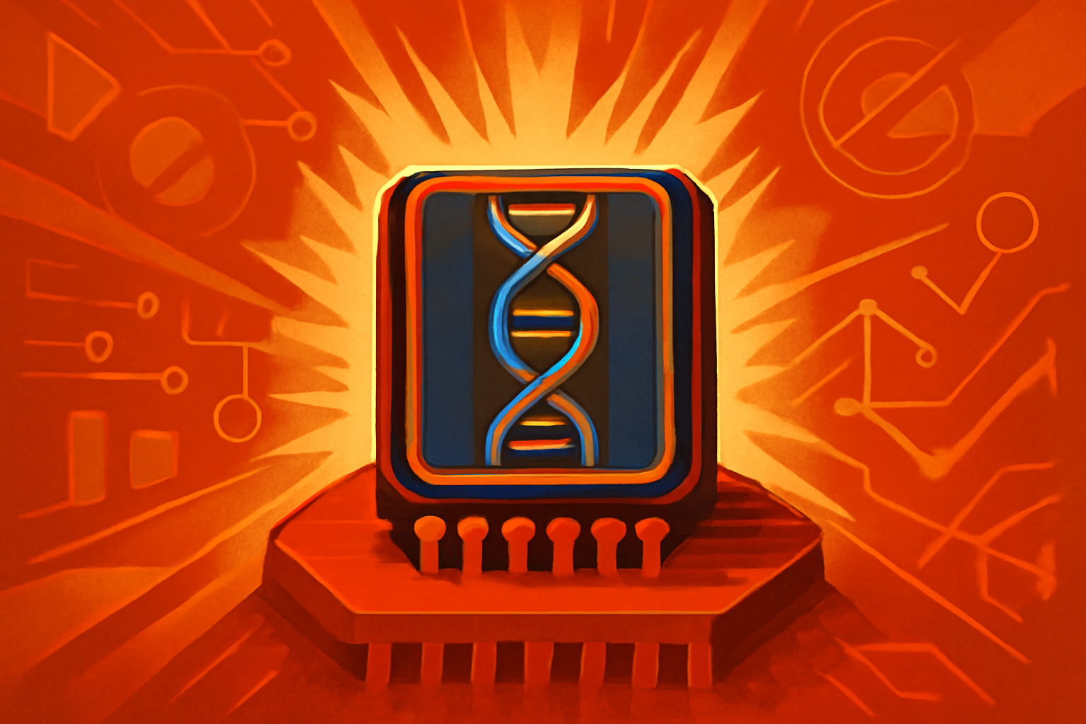 A conceptual macro image showing a futuristic computer chip where iridescent semiconductor crystals are intertwined with glowing, organic DNA strands to represent bio-hybrid technology.